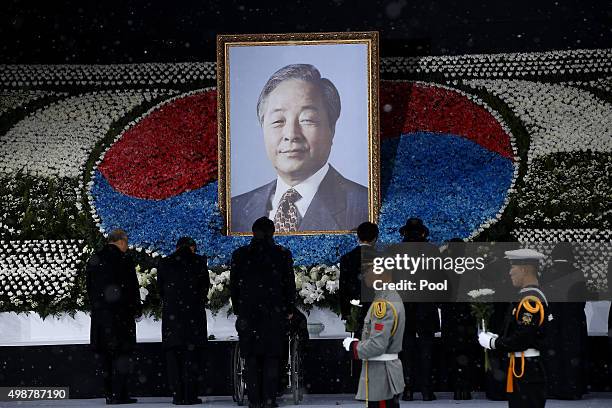 Widow Sohn Myung-Soon , and families of the deceased former South Korean President Kim Young-Sam during the funeral ceremony at the National Assembly...