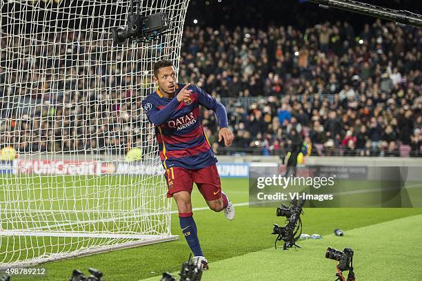 Adriano Coreia Claro of FC Barcelona celebrate his goal during the Champions League match between FC Barcelona and AS Roma on November 24, 2015 at...