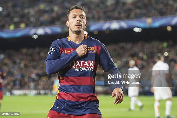 Adriano Coreia Claro of FC Barcelona celebrate his goal during the Champions League match between FC Barcelona and AS Roma on November 24, 2015 at...
