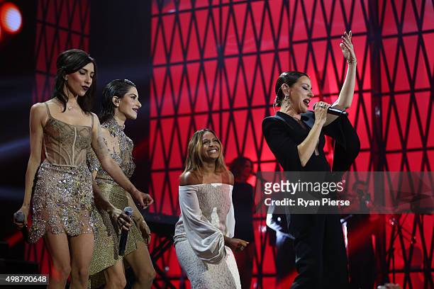 The Veronicas, Jessica Mauboy and Tina Arena perform during the 29th Annual ARIA Awards 2015 at The Star on November 26, 2015 in Sydney, Australia.