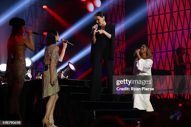Tina Arena performs on stage with The Veronicas and Jessica Mauboy during the 29th Annual ARIA Awards 2015 at The Star on November 26, 2015 in...