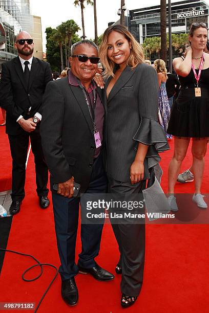 Jessica Mauboy and her father Ferdy Mauboy arrive ahead of the ARIA Awards 2015 at The Star on November 26, 2015 in Sydney, Australia.