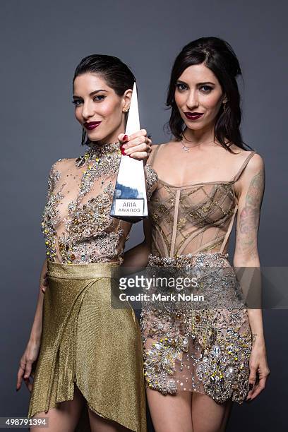 Lisa and Jessica Origliasso from the Veronicas pose for a portrait with an ARIA for Best Video during the 29th Annual ARIA Awards 2015 at The Star on...