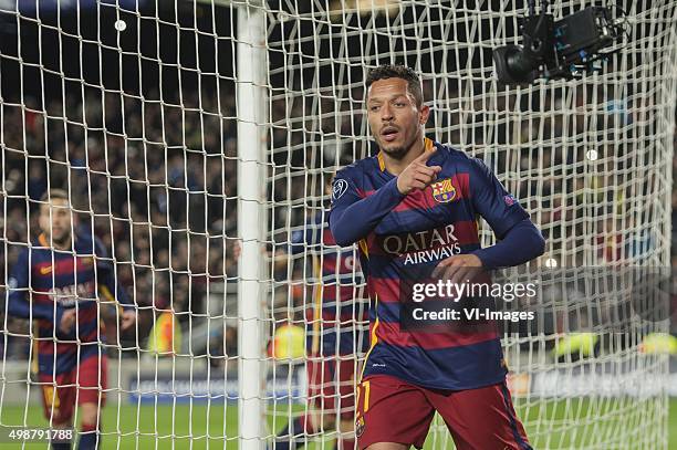 Adriano Coreia Claro of FC Barcelona celebrate his goal during the Champions League match between FC Barcelona and AS Roma on November 24, 2015 at...