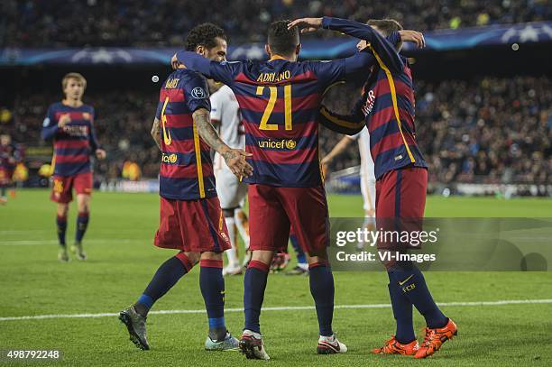 Daniel Alves da Silva of FC Barcelona, Adriano Coreia Claro of FC Barcelona, Jordi Alba Ramos of FC Barcelona during the Champions League match...