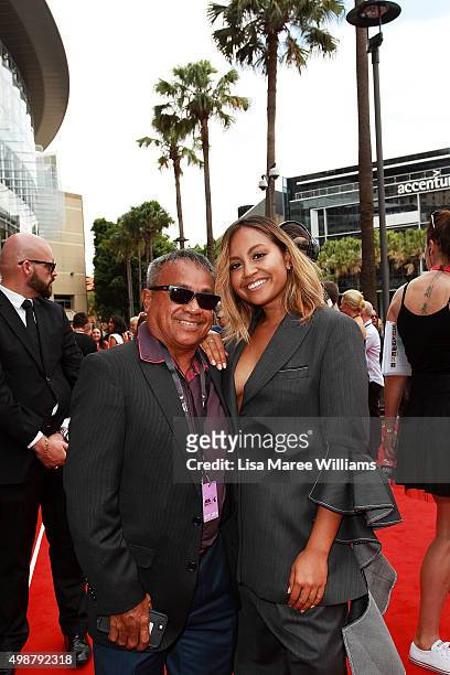 Jessica Mauboy and her father Ferdy Mauboy arrive ahead of the ARIA Awards 2015 at The Star on November 26, 2015 in Sydney, Australia.