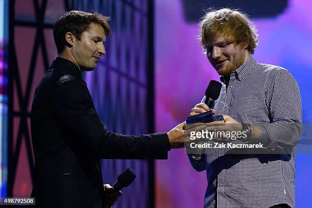 James Blunt presents Ed Sheeran with the ARIA Diamond Award during the 29th Annual ARIA Awards 2015 at The Star on November 26, 2015 in Sydney,...