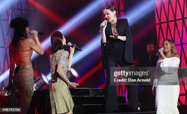 The Veronicas perform alongside Tina Arena and Jessica Mauboy during the 29th Annual ARIA Awards 2015 at The Star on November 26, 2015 in Sydney,...