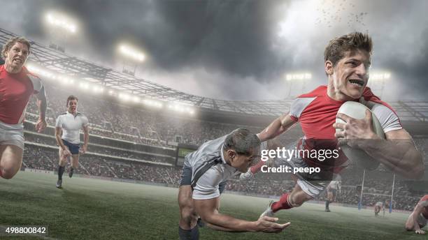 rugby player scores in heroic dive during rugby game - rugby crowd stock pictures, royalty-free photos & images