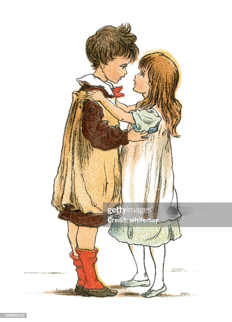 Nineteenth century boy and girl hugging