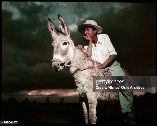 Boy on a donkey poses in Acapulco, Mexico in July 1953.