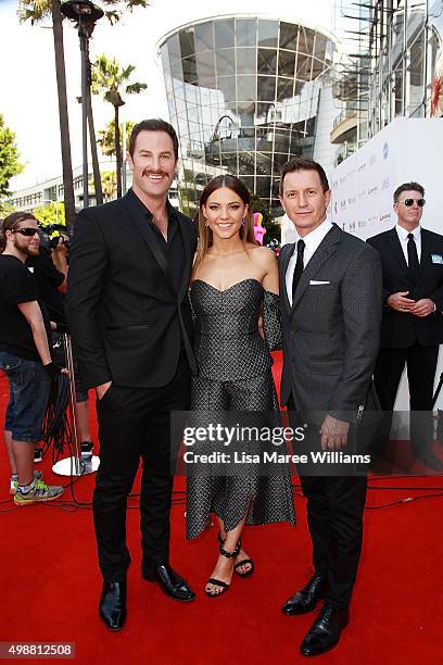 Sasha Mielczarek, Sam Frost and Rove McManus rrives ahead of the ARIA Awards 2015 at The Star on November 26, 2015 in Sydney, Australia.