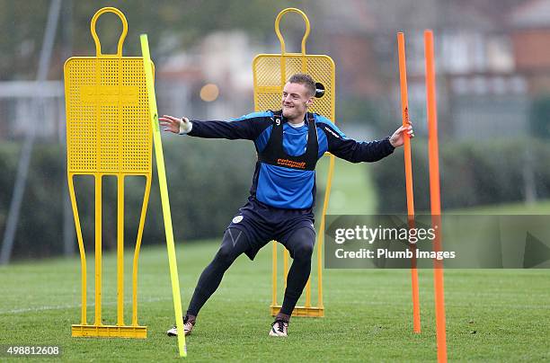 Jamie Vardy during the Leicester City training session at Belvoir Drive Training Complex on November 26th , 2015 in Leicester, United Kingdom.