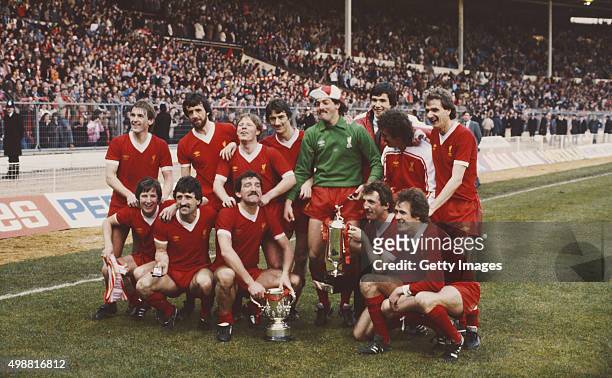 The victorious Liverpool team pose after their 3-1 victory over Tottenham Hotspur to win the 1982 Milk Cup Final at Wembley Stadium on March 13, 1982...