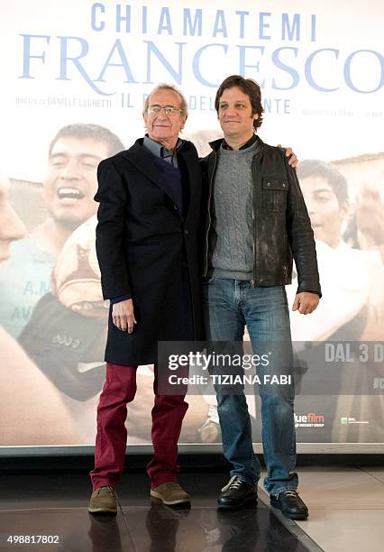 Argentinian actor Rodrigo de la Serna and Chilean actor Sergio Hernandez pose during a photocall of the movie "Chiamatemi Francesco, il Papa della...