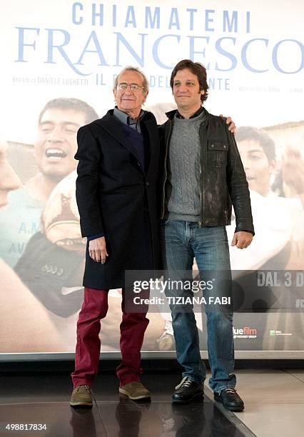 Argentinian actor Rodrigo de la Serna and Chilean actor Sergio Hernandez pose during a photocall of the movie "Chiamatemi Francesco, il Papa della...