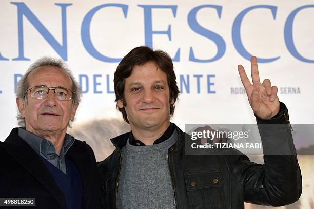 Argentinian actor Rodrigo de la Serna and Chilean actor Sergio Hernandez pose during a photocall of the movie "Chiamatemi Francesco, il Papa della...