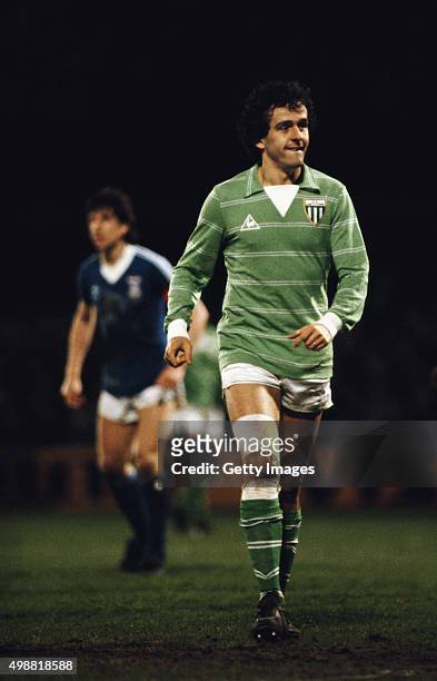 Michel Platini of St Etienne looks on during the UEFA Cup quarter-final 2nd leg match between Ipswich Town and St Etienne at Portman Road on March...