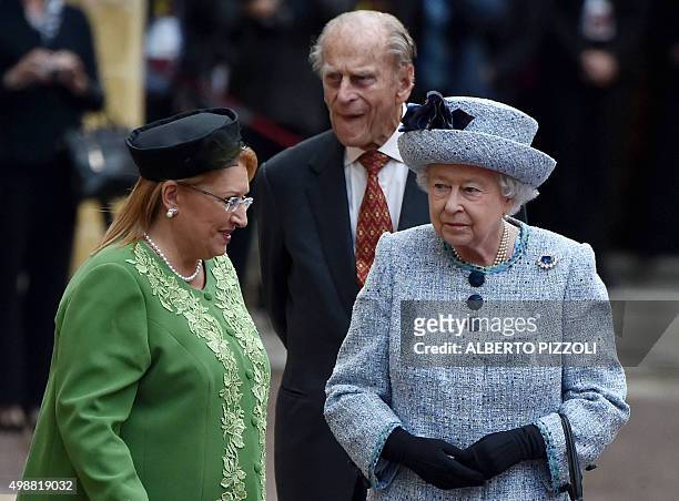 Queen Elizabeth II and the Duke of Edinburgh attend a welcoming ceremony with the President of Malta, Marie-Louise Coleiro Preca , on November 26,...