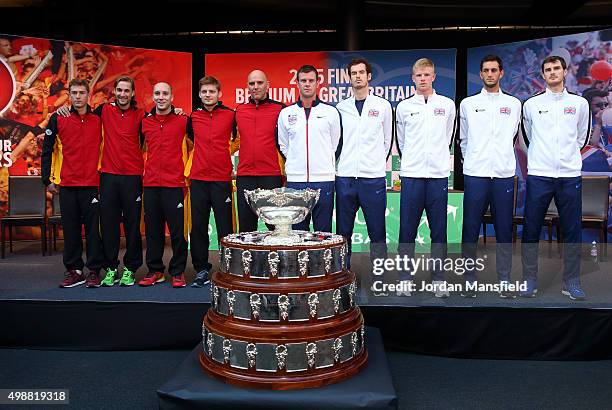Kimmer Coppejans, Ruben Bemelmans, Steve Darcis, David Goffin and Captain Johan Van Herck of Belgium, Great Britain Captain Leon Smith, Andy Murray,...