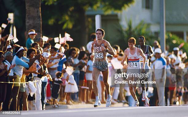 Alberto Salazar of the United States leads Hugh Jones of Great Britain in the Mens Marathon event on 12th August 1984 during the XXIII Olympic Summer...