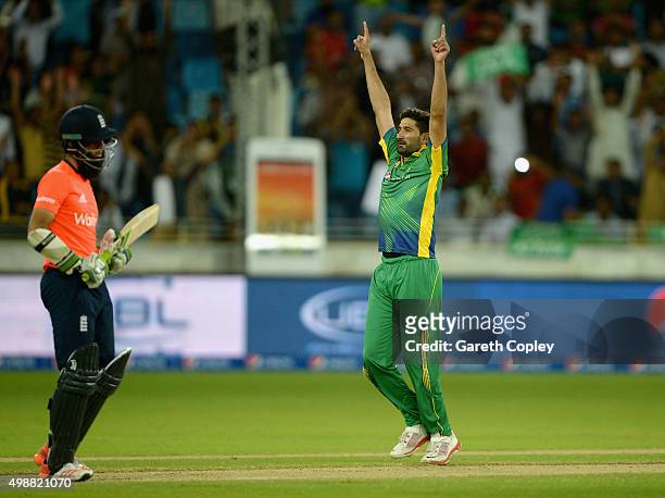 Sohail Tanvir of Pakistan celebrates dismissing Moeen Ali of England during the 1st International T20 match between Pakistan and England at Dubai...