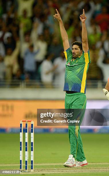 Sohail Tanvir of Pakistan celebrates dismissing Moeen Ali of England during the 1st International T20 match between Pakistan and England at Dubai...