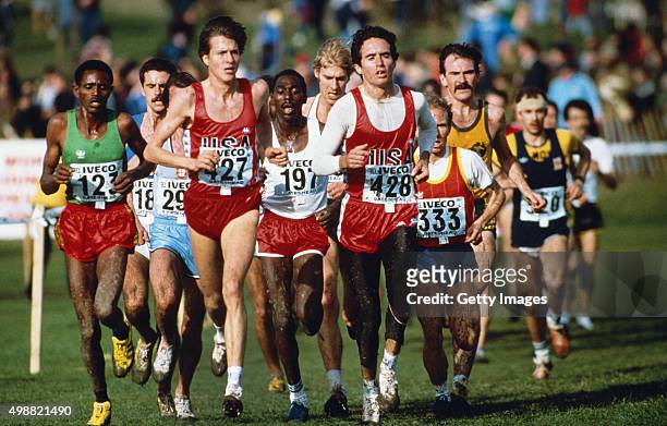 Alberto Salazar leads a group of runners during the IAAF World Cross Country Championships at Riverside park on March 20, in Gateshead, England.