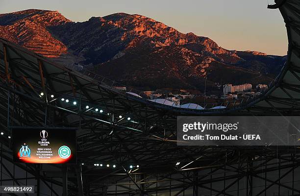 Europa League logo is pictured prior to the UEFA Europa League match between Olympique de Marseille and FC Groningen at Stade Velodrome on November...