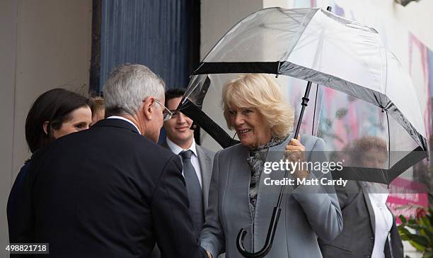 Camilla, Duchess of Cornwall arrives for a visit at Mdina Glass in Ta' Qali on November 26, 2015 near Valletta, Malta. Queen Elizabeth II, The Duke...