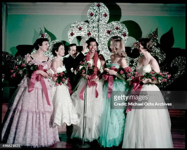 Marcia Koch, Janice Barnes, Jay Ryan Director or SUI Pageant, Dora Lee Martin crowned as Miss State University Queen, Barbara Potts and Dixie...