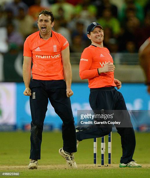 Stephen Parry of England celebrates dismissing Pakistan captain Shahid Afridi during the 1st International T20 match between Pakistan and England at...