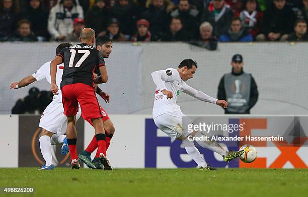 Piotr Trochowski of Augsburg scores their first goal during the UEFA Europa League Group L match between FC Augsburg and Athletic Club at WWK-Arena...