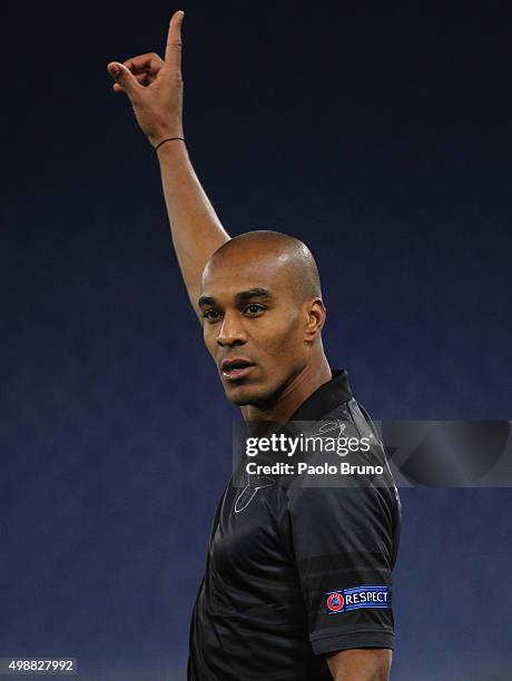 Abdoulay Konko of SS Lazio gestures during the UEFA Europa League group G match between SS Lazio and FC Dnipro Dnipropetrovsk at Olimpico Stadium on...