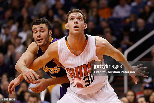 Jon Leuer of the Phoenix Suns in action during the NBA game against the Los Angeles Lakers at Talking Stick Resort Arena on November 16, 2015 in...