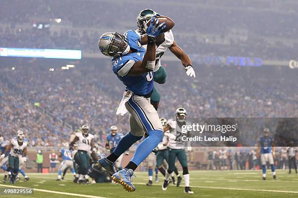 Wide receiver Calvin Johnson of the Detroit Lions catches a third quarter touchdown in front of cornerback Eric Rowe of the Philadelphia Eagles on...