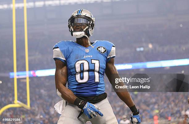 Wide receiver Calvin Johnson of the Detroit Lions celebrates a third quarter touchdown against the Philadelphia Eagles on November 26, 2015 at Ford...