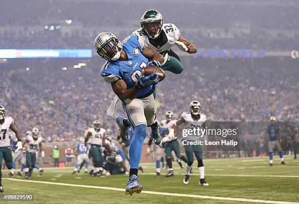 Wide receiver Calvin Johnson of the Detroit Lions catches a third quarter touchdown in front of cornerback Eric Rowe of the Philadelphia Eagles on...