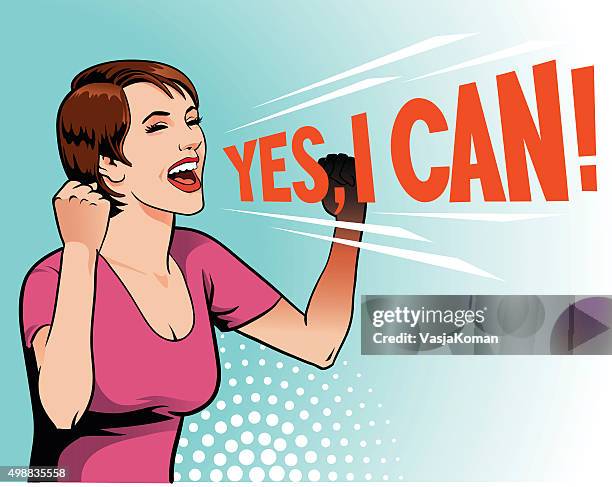 woman yelling - yes i can - adversity word stock illustrations