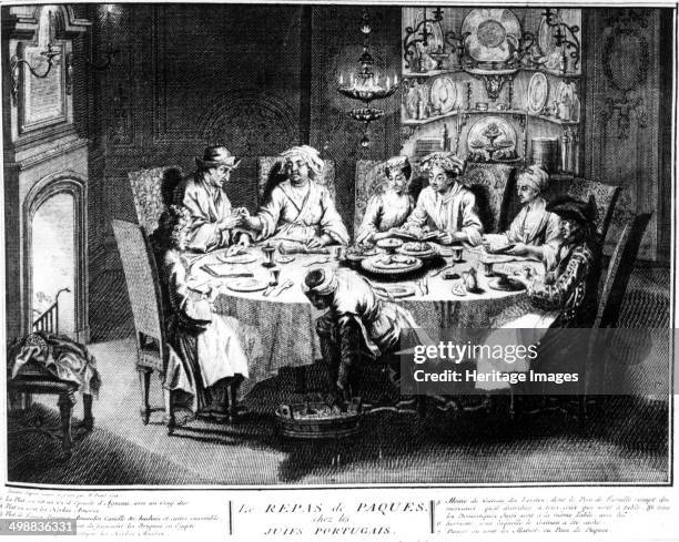 Portuguese Jews at Passover, . Engraving entitled 'Le Repas de Paques chez les Juifs Portugais', . Below is a list of the dishes: 1) shoulder of lamb...