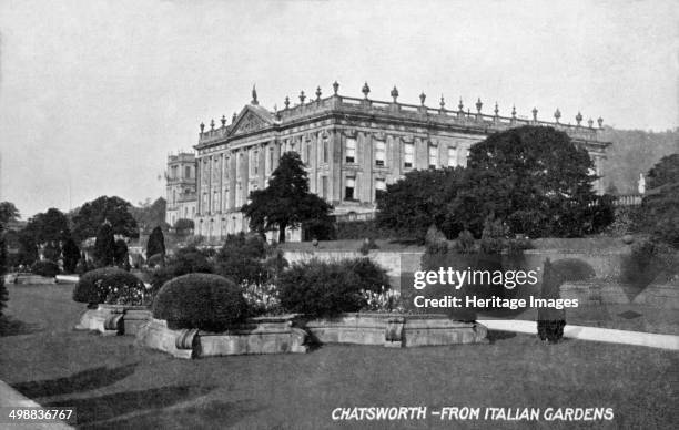 View of Chatsworth House from the Italian Gardens, Derbyshire, c1900-1919. The first house at Chatsworth near Bakewell in Derbyshire was built by...