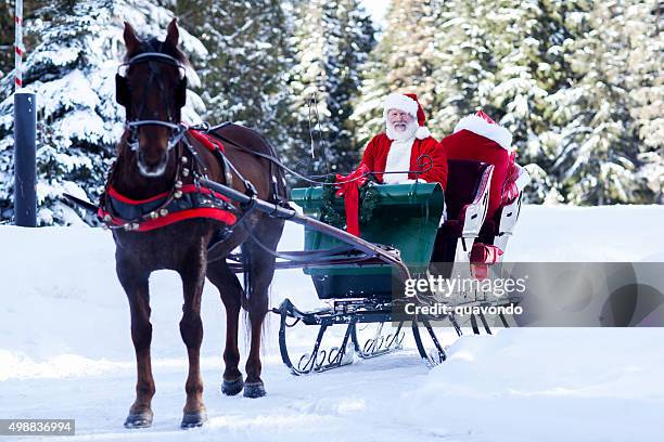 santa natal sentado em seu trenó - carroça puxada por cavalo imagens e fotografias de stock