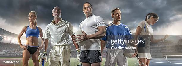sportler, cricketer, rugby-spieler, fußballer und tennis player - rugby sport stock-fotos und bilder