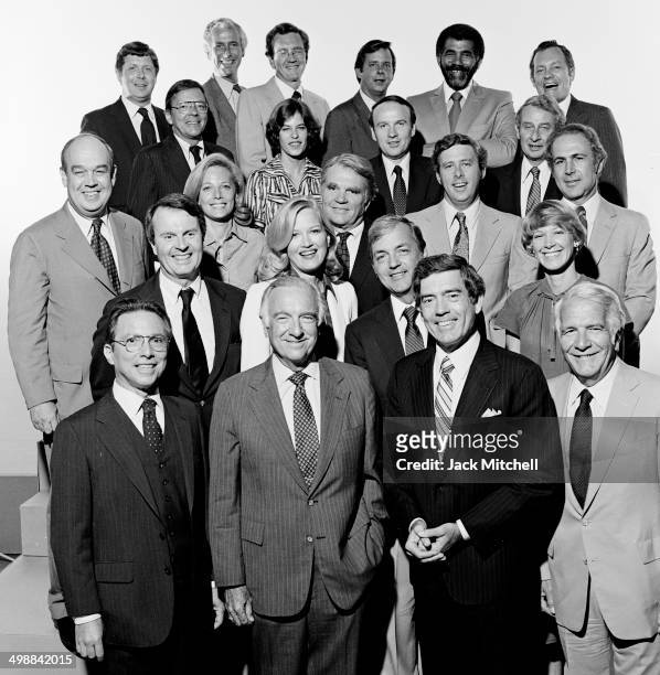 Portrait of the CBS News on-camera staff, 1980. Pictured are Walter Cronkite, Dan Rather, Mike Wallace, Leslie Stahl, and Harry Reasoner. Shortly...