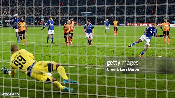 Boy Waterman of APOEL saves a penalty of Dennis Aogo of Schalke during the UEFA Europa League Group K match between FC Schalke 04 and APOEL FC on...