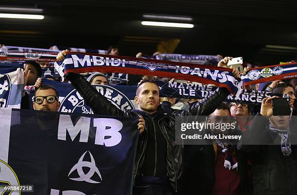 Bordeaux fans show their support prior to the UEFA Europa League Group B match between Liverpool FC and FC Girondins de Bordeaux at Anfield on...