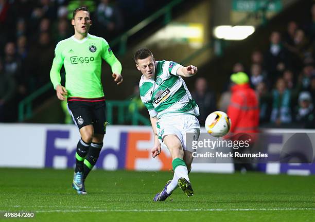 Callum McGregor of Celtic scores their first goal during the UEFA Europa League Group A match between Celtic FC and AFC Ajax at Celtic Park on...