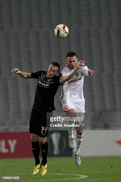 Dusko Tosic of Besiktas is in action against Hamdi Salihi of KF Skenderbeu during UEFA Europa League Group H match between Besiktas JK and KF...