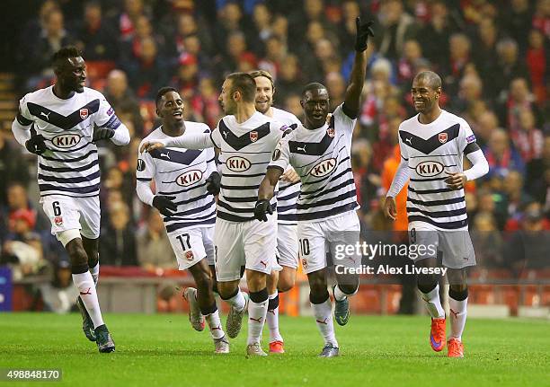 Henri Saivet of Bordeaux celebrates with team mates as he scores their first goal during the UEFA Europa League Group B match between Liverpool FC...