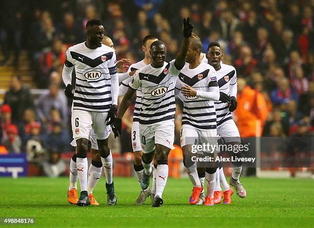 Henri Saivet of Bordeaux celebrates with team mates as he scores their first goal during the UEFA Europa League Group B match between Liverpool FC...